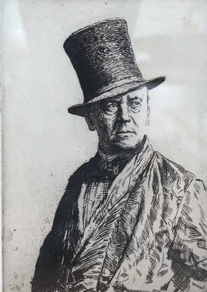 Joseph Simpson (1879-1939), drypoint etching, ‘Portrait of James Pryde’, signed by artist and sitter, 31 x 22cm. Condition - good